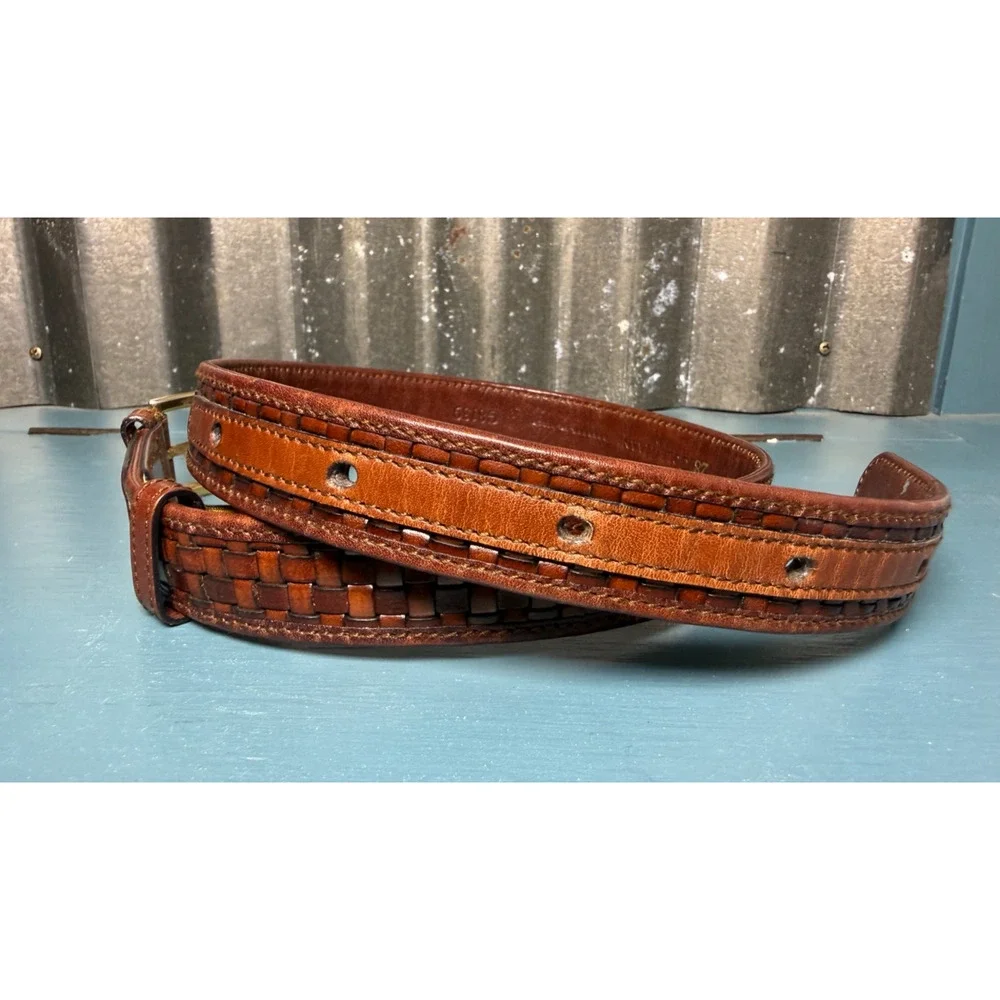 VTG Cole Haan Mens Brown Leather Woven Belt Solid Brass Buckle Italy Size 28